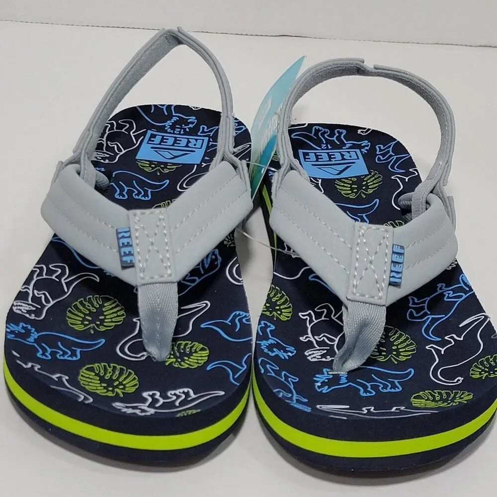 Reef Flip Flop Sandals Toddler Boy Size 12 Ahi Dino Dinosaur Gray Blue Backstrap